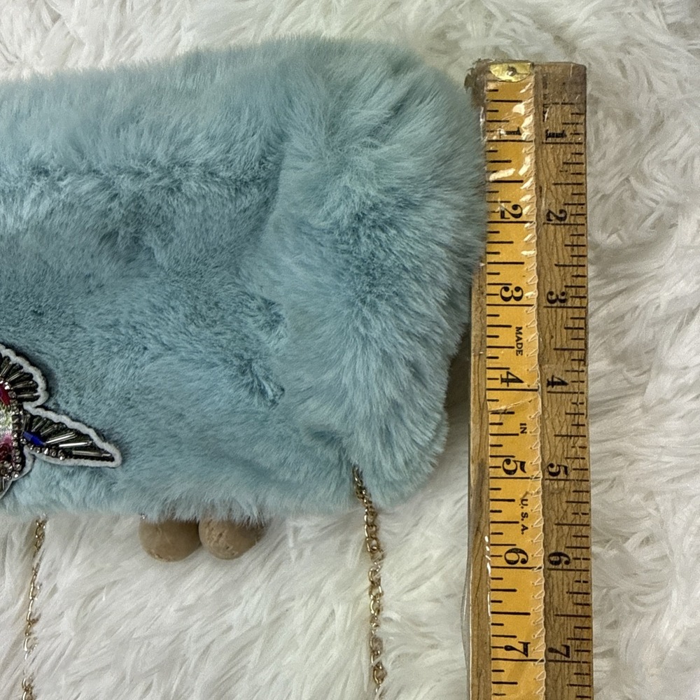 Vintage Blue Faux Fur Clamshell Handbag Bird Chain Strap Evening Purse - Picture 6 of 10